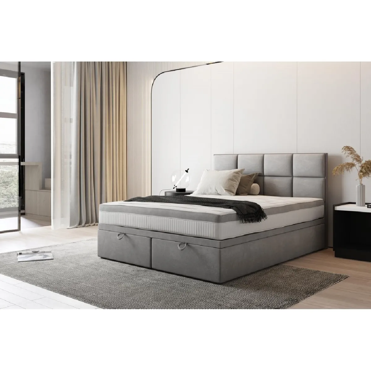 Lit adulte rembourré TROPEA avec rangement et matelas ressorts ensachés 160x200 gris clair