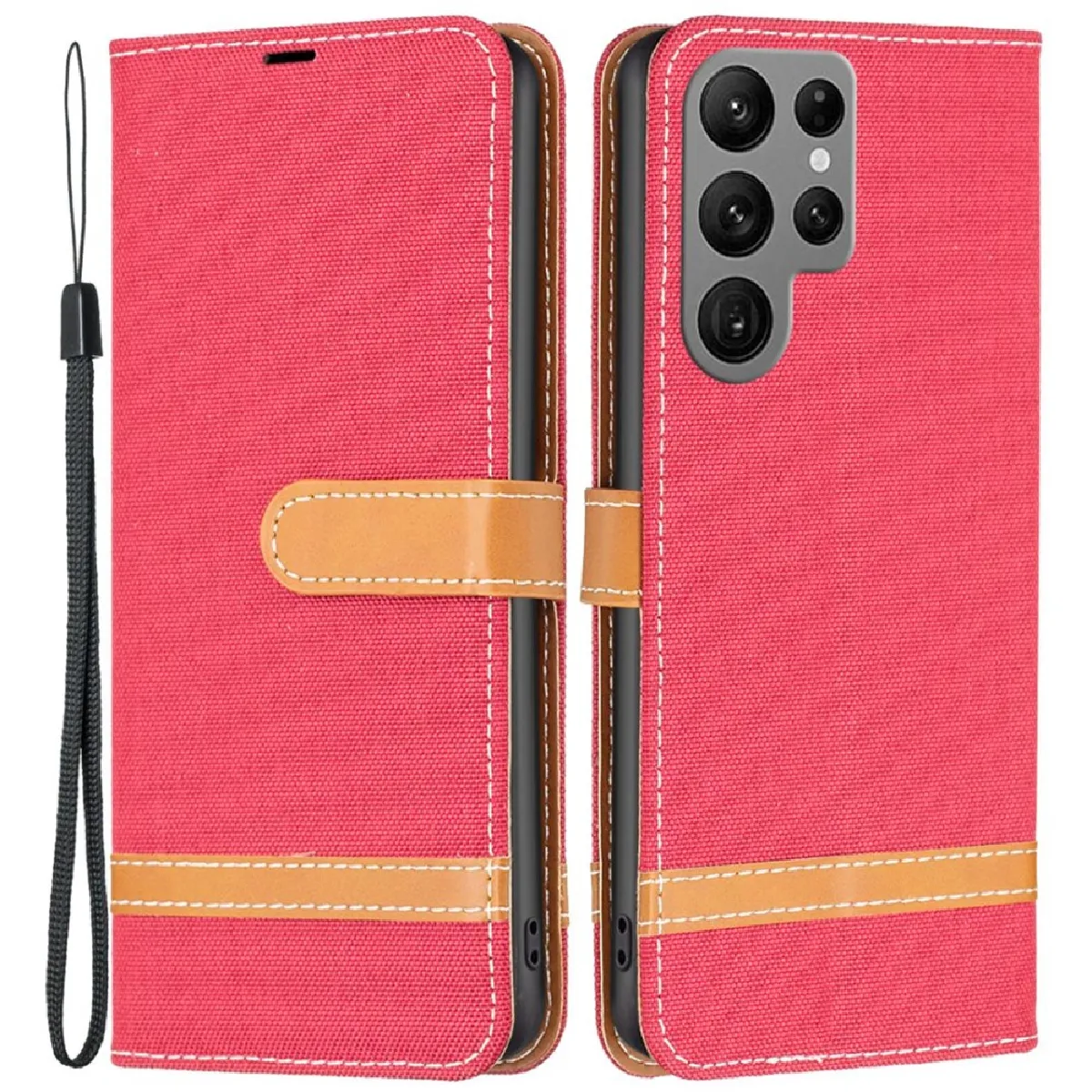 Etui en PU texture de jean avec support pour votre Samsung Galaxy S23 Ultra - rouge