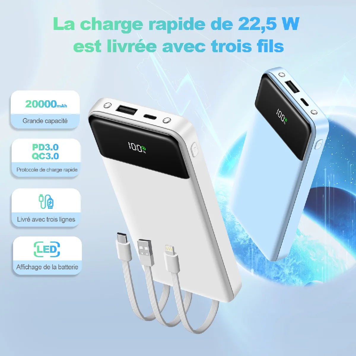 Batterie Externe 20000mAh 22.5W Power Bank PD 20W USB C Charge Rapide avec Lampe de Poche, Chargeur Portable Les pour iPhone 15 14 13 12 11 Pro Samsung Huawei iPad-Blue