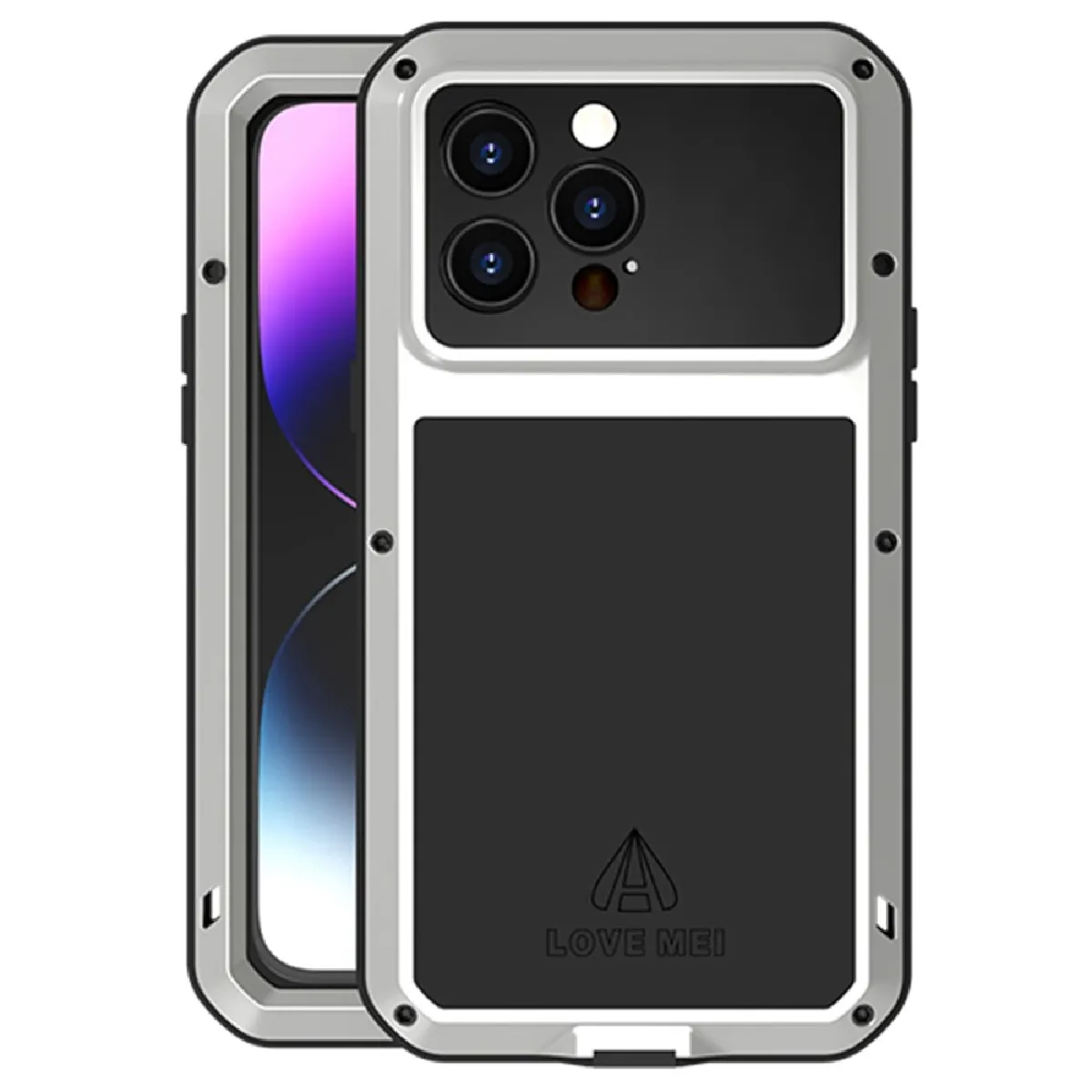 Coque en silicone + métal LOVE MEI anti-choc, anti-poussière, anti-éclaboussures pour votre iPhone 14 Pro Max - argent