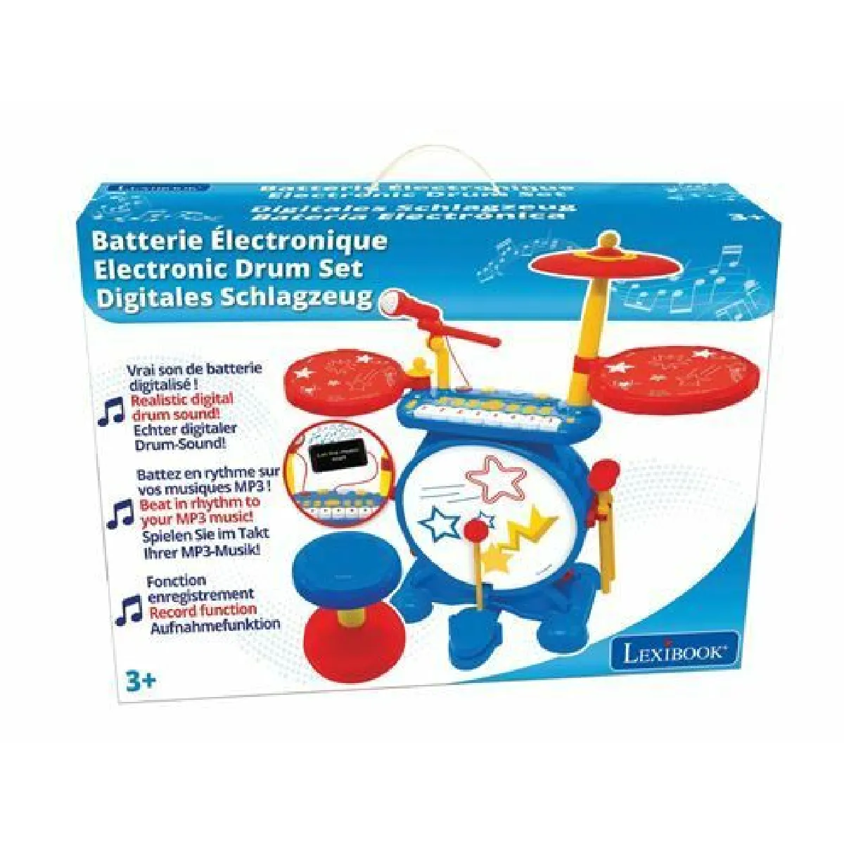 Lexibook Batterie Électronique pour Enfant, Jeu Musical, Jouet Mixte, Vrai Son, Clavier 8 Notes, Prise pour MP3, siège Inclus, Bleu/Rouge, K610