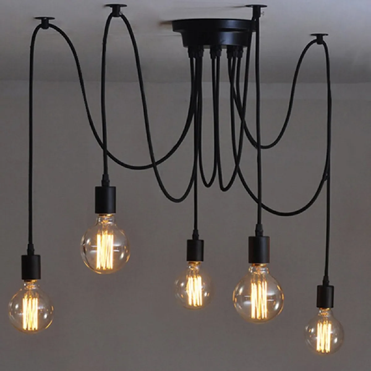 Lustre Suspension Araignee E27 Douille Rétro Industriel abat-jour Noir, DIY Ajustable Longueur avec 1.5m Fil, 5 bras (pas d'ampoule)