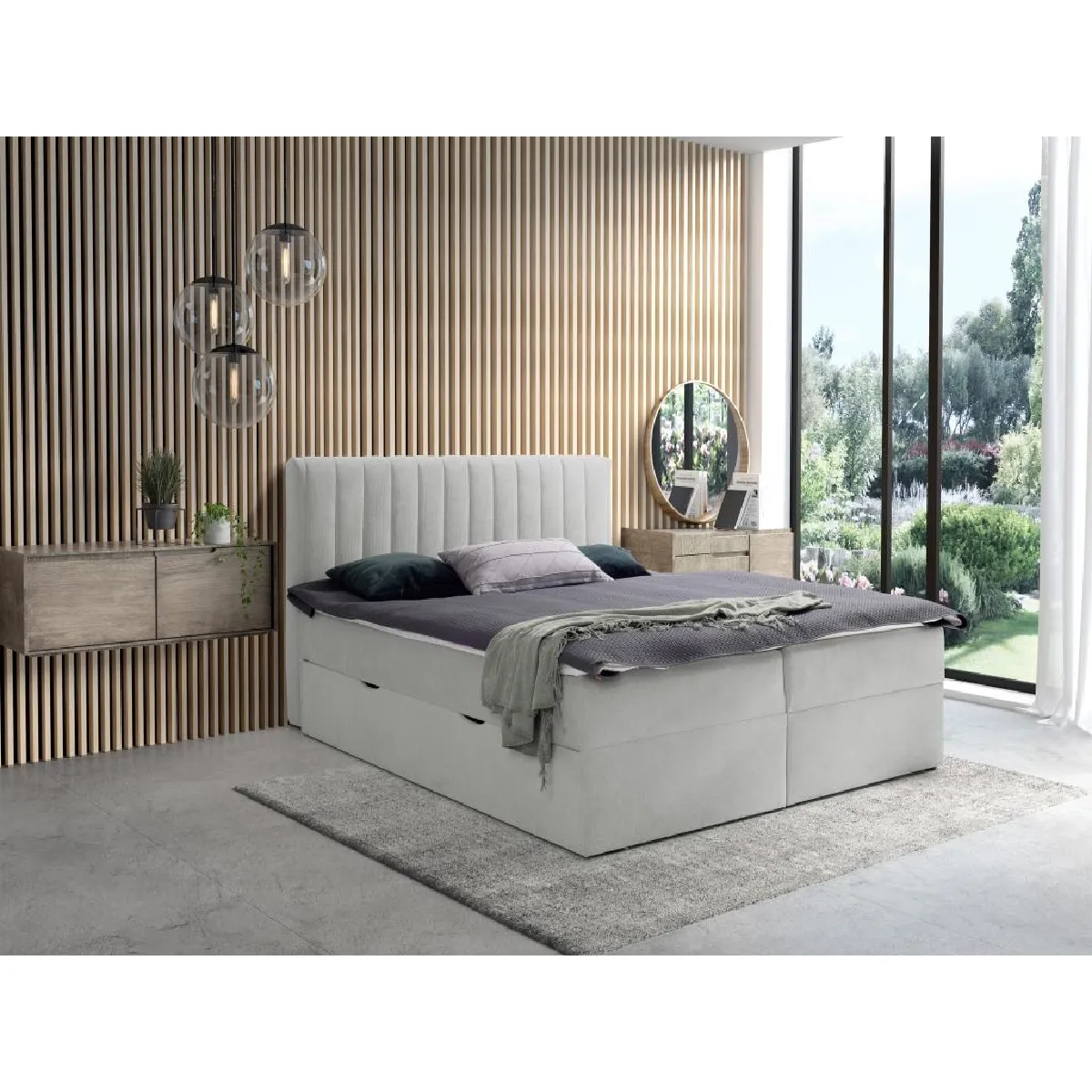 Ensemble complet literie déco tête de lit + sommiers coffre et tiroir + matelas + surmatelas - 180 x 200 cm - Tissu - Gris - ARAO de YSMÉE