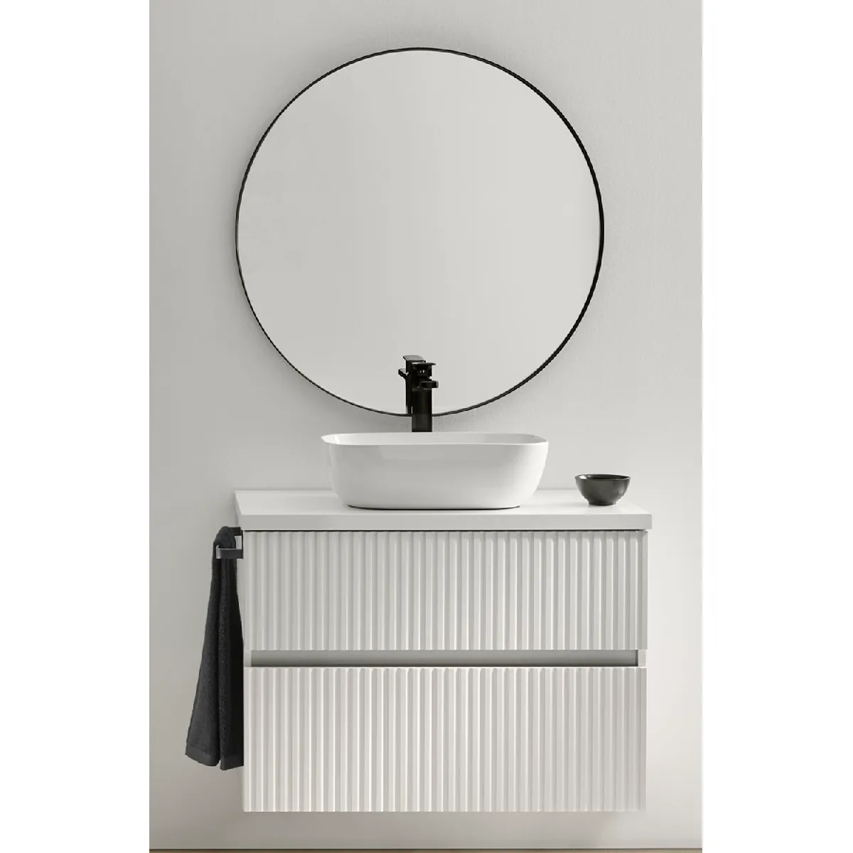 Meuble de salle de bain avec 2 tiroirs suspendus avec plan laqué Blanc brillant + vasque à poser + miroir - Longueur 80 x Hauteur 56 x Profondeur 46,5 cm