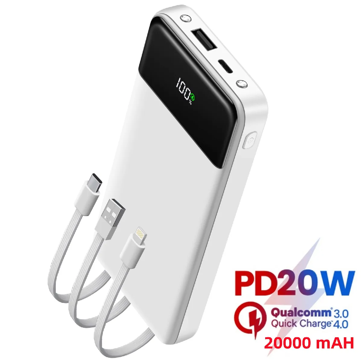 Batterie Externe 20000mAh 22.5W Power Bank PD 20W USB C Charge Rapide avec Lampe de Poche, Chargeur Portable Les pour iPhone 15 14 13 12 11 Pro Samsung Huawei iPad-Blanc