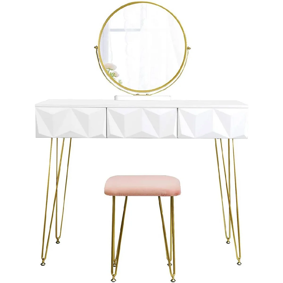 Coiffeuse avec tabouret et miroir pivotant moderne 100 cm rond blanc doré 19_0000184