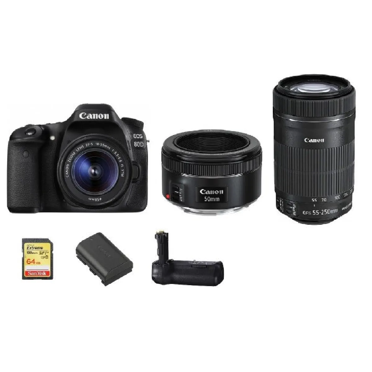 CANON EOS 80D KIT EF-S 18-55mm F3.5-5.6 IS STM + EF-S 55-250mm F4-5.6 IS STM (White Box) + EF 50mm F1.8 STM + 64GB SD card + LP-E6N battery + BG-E14 Battery Grip