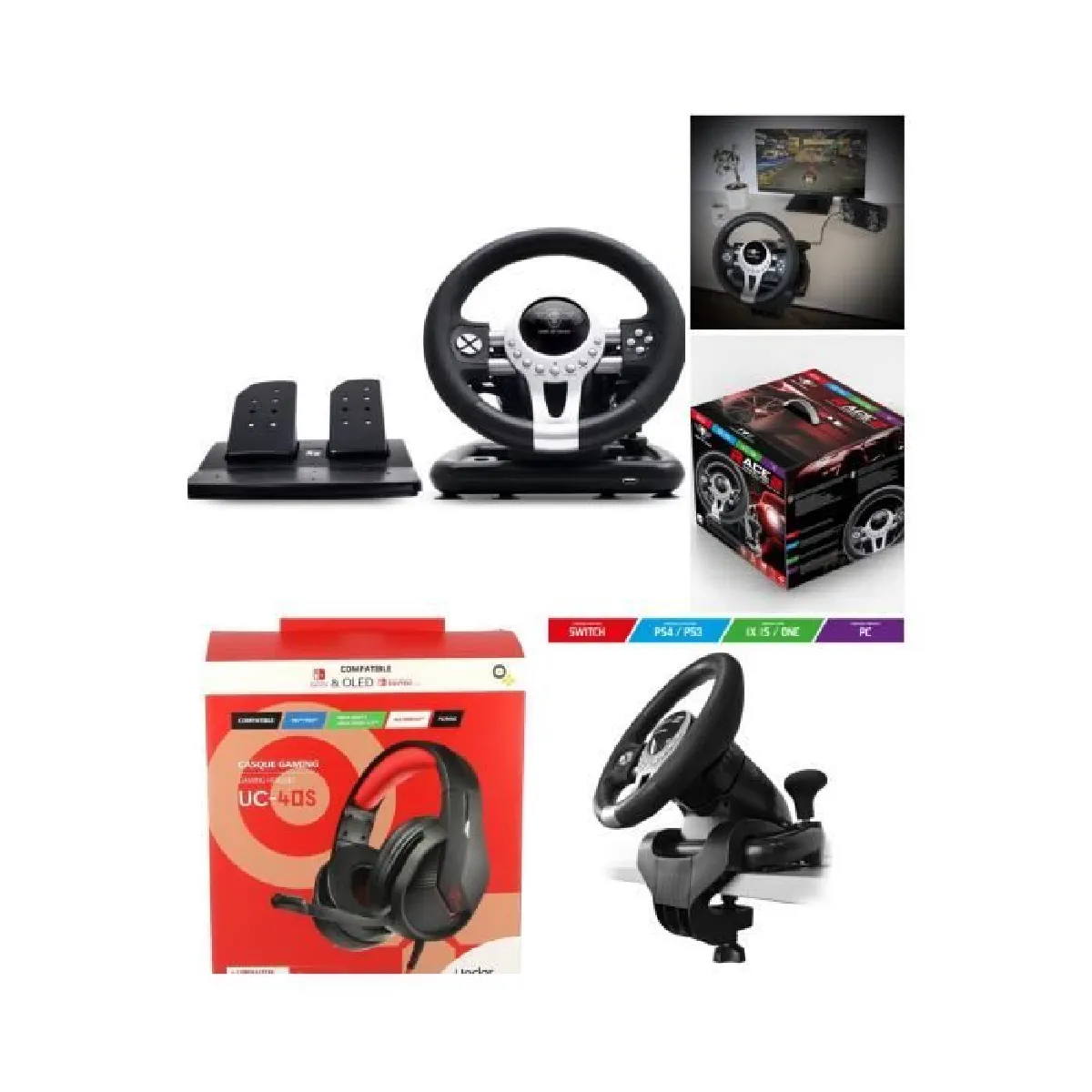 Volant et pédales de jeu Vidéo Race Pro Wheel 2 compatible Xbox Séries X S PS4 PS3 SWITCH PC SPIRIT OF GAMER + CASQUE GAMER SWITCH