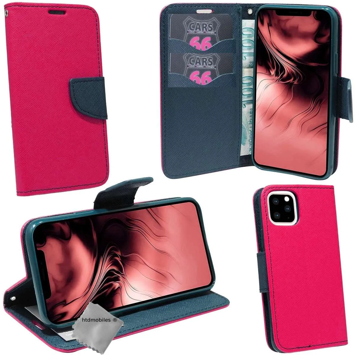 Housse etui portefeuille pour Apple iPhone 11 Pro + verre trempe - ROSE / BLEU