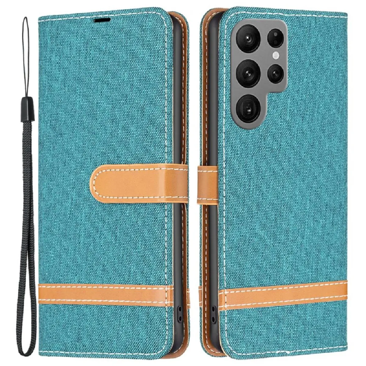 Etui en PU texture de jean avec support pour votre Samsung Galaxy S23 Ultra - vert