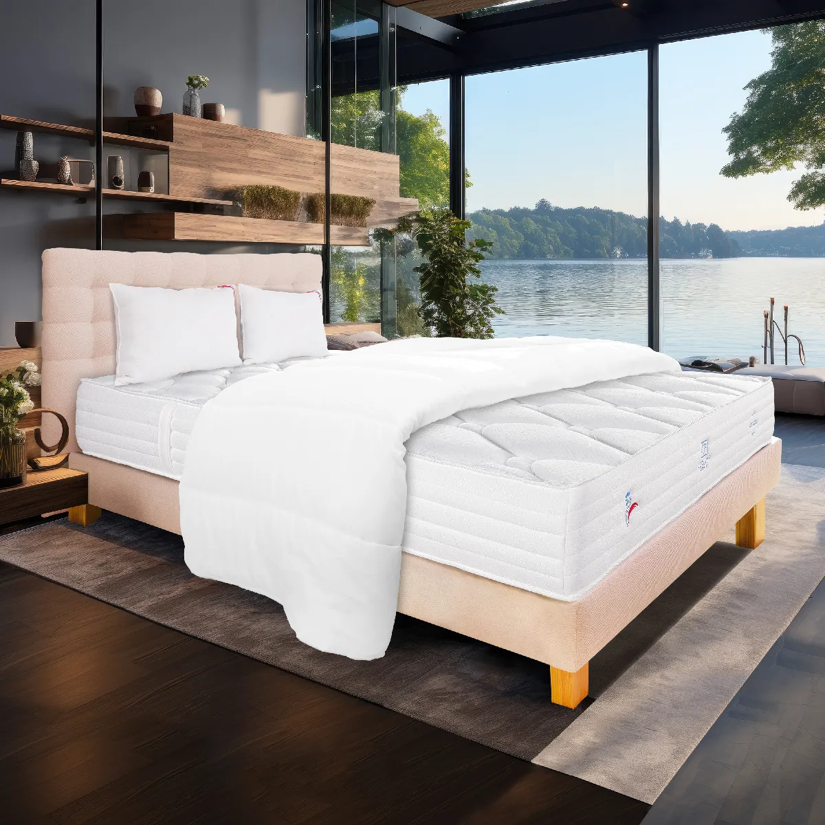 Ensemble matelas Patriote Mousse 140x190 cm + sommier beige ep20cm + 2 oreillers + couette + Tête de Lit