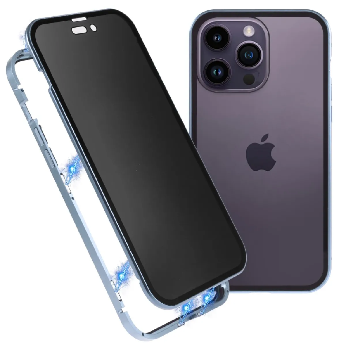 Coque en cadre métallique cadre anti-chute et anti-peep avec fermeture magnétique pour votre iPhone 14 Pro - bleu clair