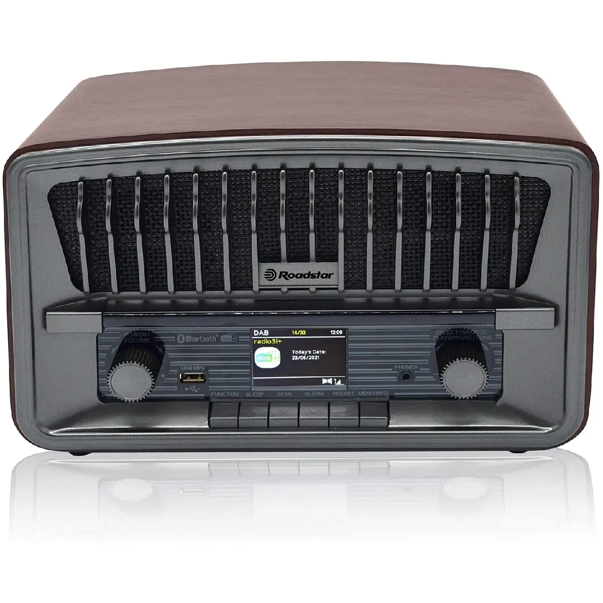 Radio rétro avec Dab+/FM, Bluetooth, Lecteur USB/MP3, entrée auxiliaire et réveil avec Double Alarme et Fonction Veille gris marron