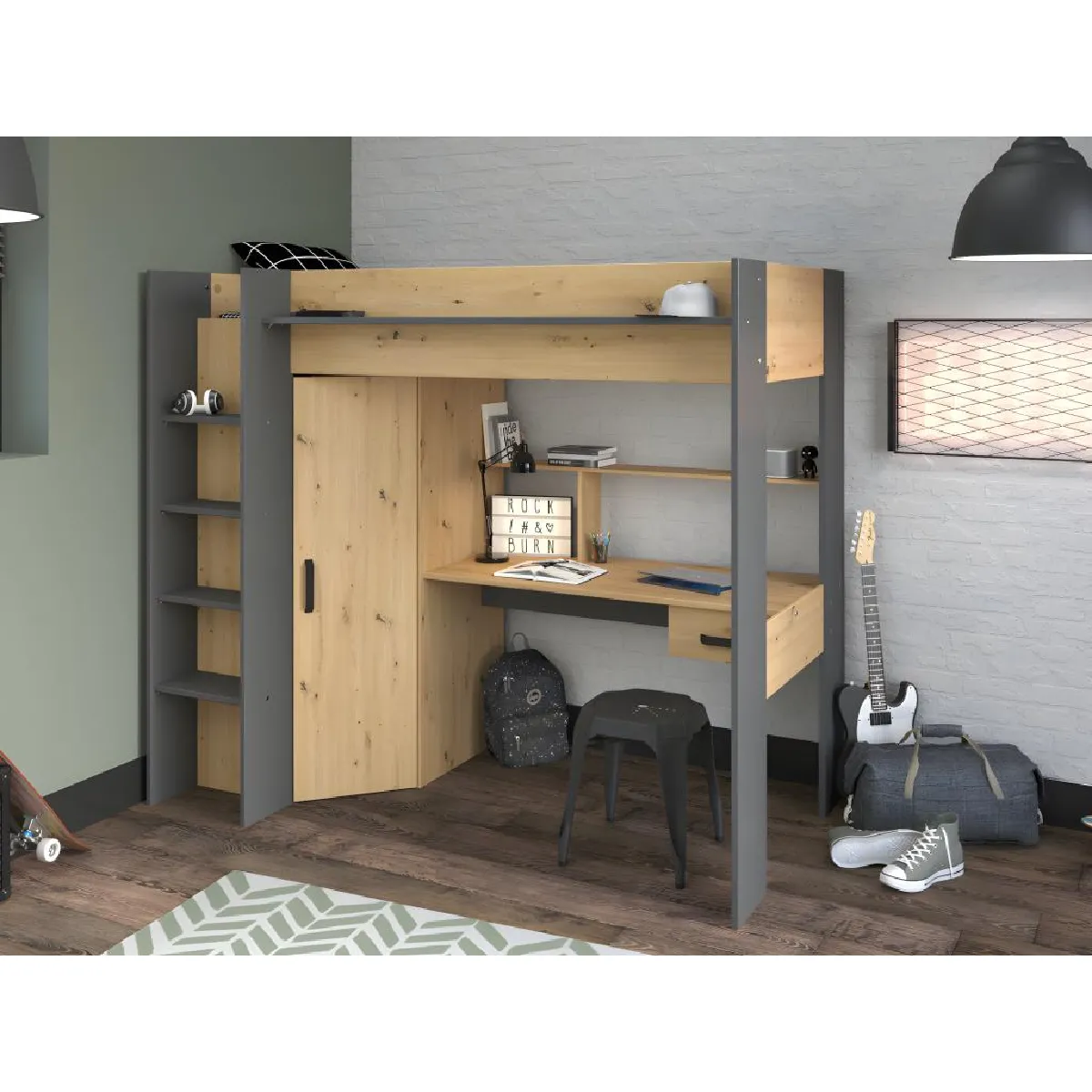 Lit mezzanine avec bureau et armoire - 90 x 200 cm - Coloris : Chêne et anthracite + matelas - AUCKLAND