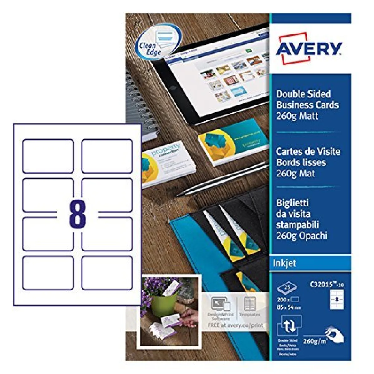 AVERY - Pochette de 80 cartes de visite à bords lisses imprimables recto/verso, En carte blanche mate 260g/m², Format 85 x 54 mm, Impression jet d'encre, (C32015-10)