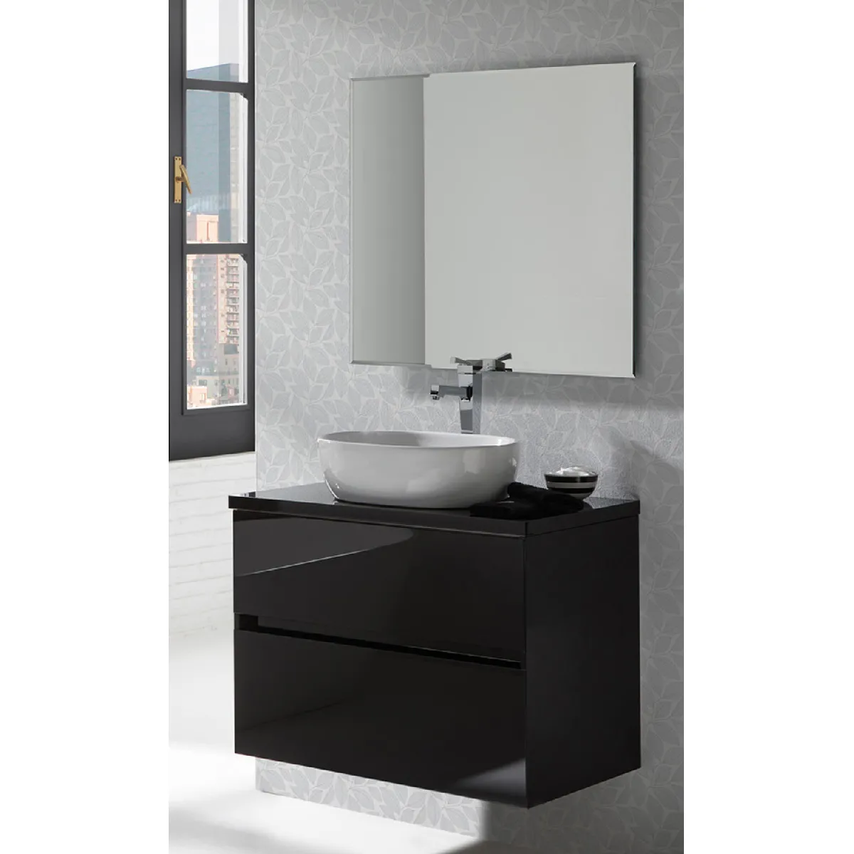 Meuble de salle de bain coloris noir avec vasque à poser en céramique + miroir - Longueur 80 x Profondeur 46 x Hauteur 56 cm