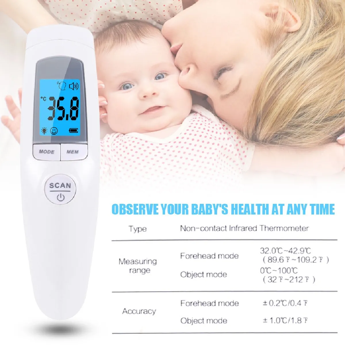 Thermomètre frontal numérique infrarouge IR Thermomètre sans contact pour adulte / bébé Blanc