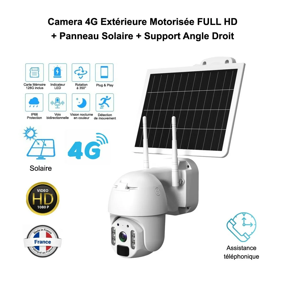 Camera 4G extérieur motorisée FULL HD Solaire, Vision 92° IR, Contrôlable à distance - nano SIM 300Mo offert, Micro et Haut Parleur Intégré