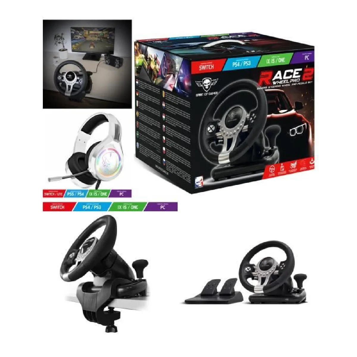 Volant et pédales de jeu Vidéo PRO Race compatible Xbox Séries X S PS3 PS4 SWITCH PC + Casque SPIRIT OF GAMER H8B PRO MULTI CONSOLE