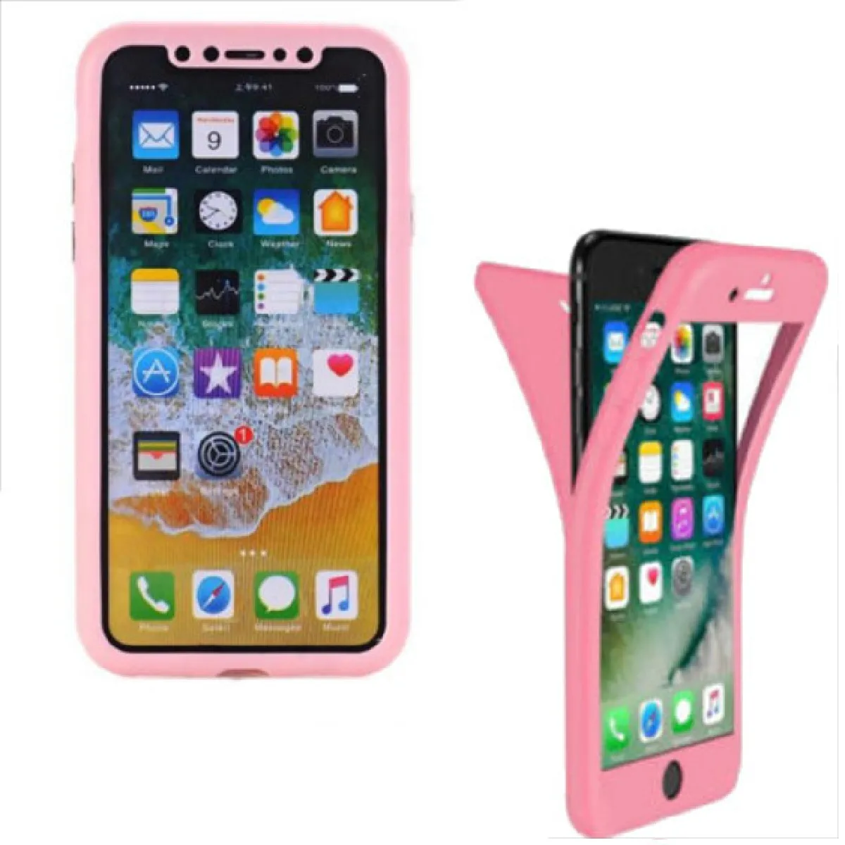 Coque Intégrale IPhone X Rose Silicone + Verre Trempé