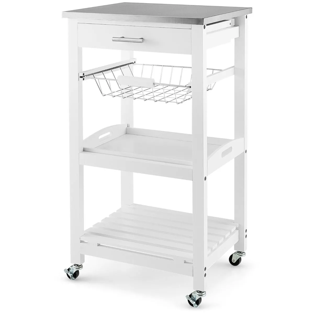 Desserte de cuisine sur roues avec comptoir en acier inoxydable chariot de service avec tiroir coulissant panier en fil métallique pour cuisine salle à manger 47x39x85cm blanc 20_0005445