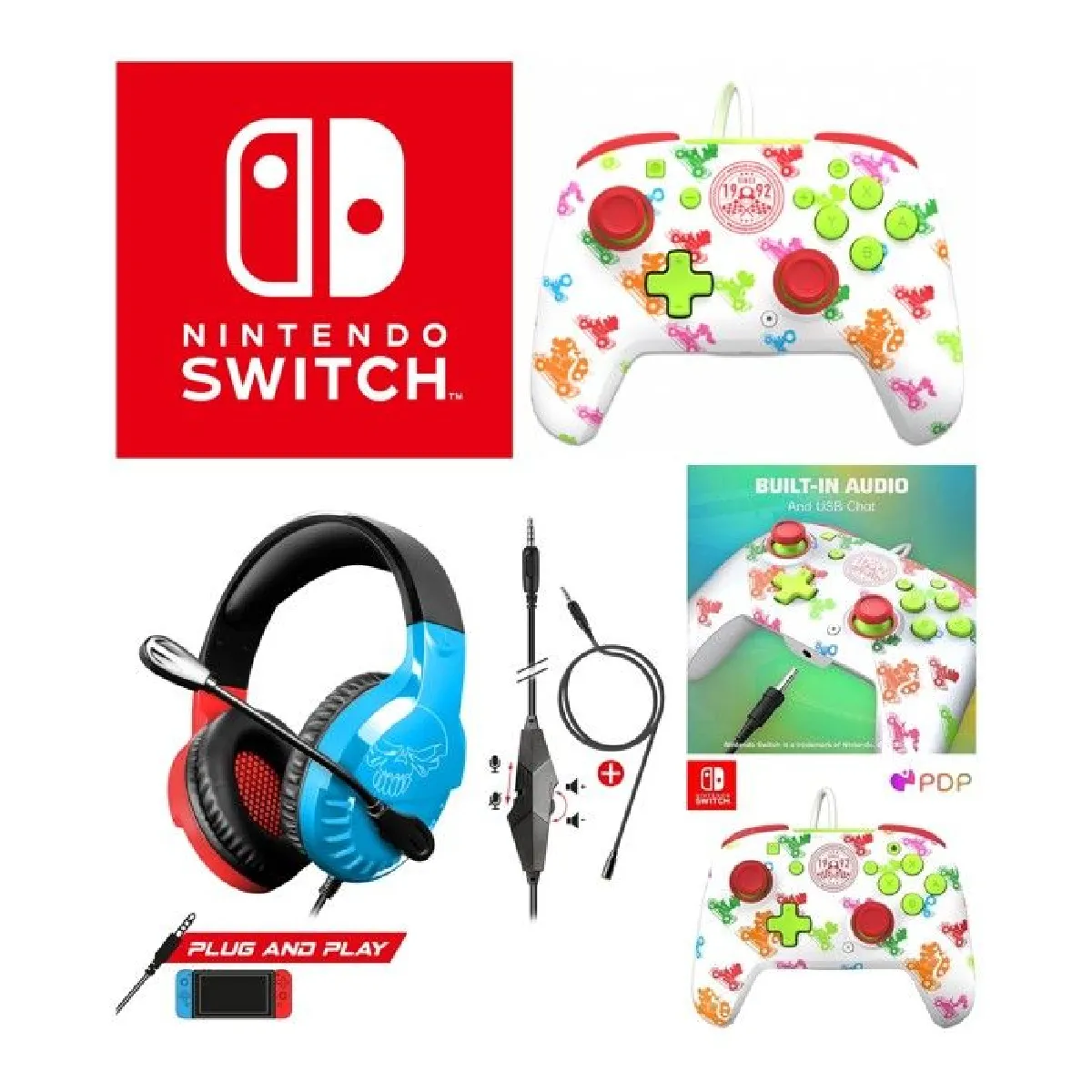 CASQUE PC NINTENDO SWITCH ROUGE ET BLEU + Manette Filaire SWITCH MARIO KART SWITCH Officielle Nintendo Switch original MARIO KART