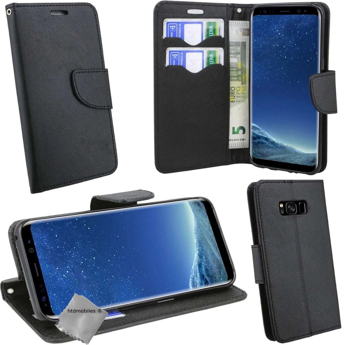 Housse etui portefeuille pour Samsung G955F Galaxy S8 Plus + film ecran - NOIR / NOIR