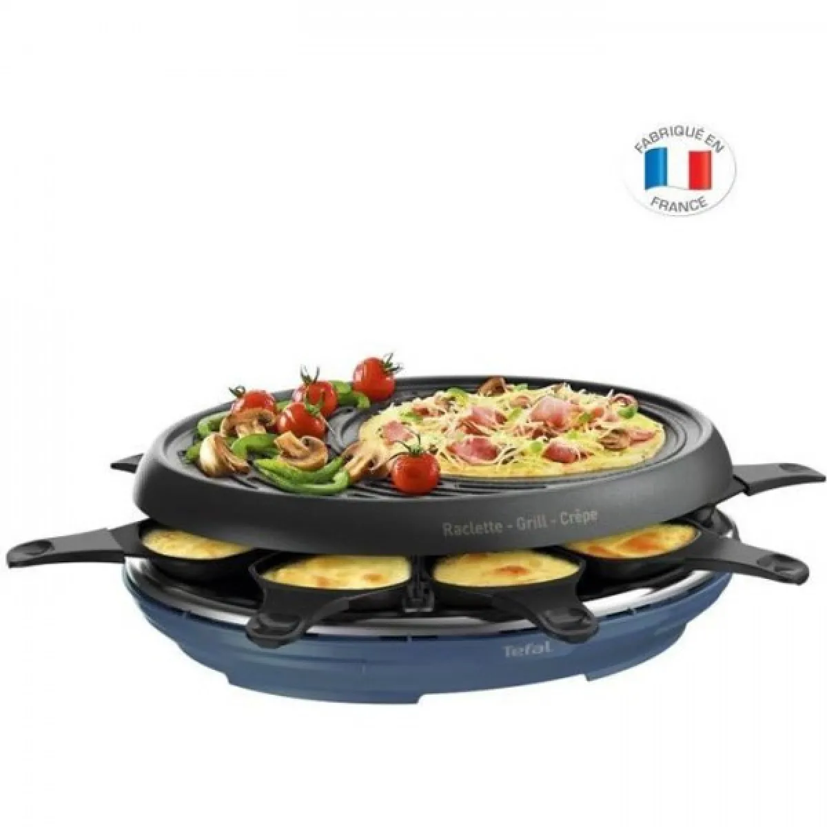 Appareil a Raclette TEFAL RE310401 Colormania 3 en 1, 8 coupelles, grill et crepe, Revetement antiadhésif, bleu acier