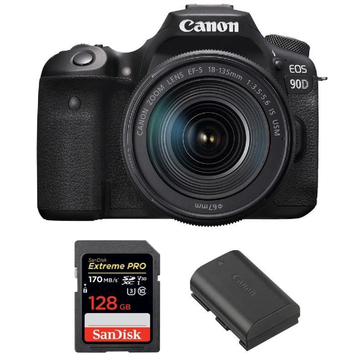 CANON EOS 90D Kit EF-S 18-135mm F3.5-5.6 IS USM + SANDISK Extreme Pro 128GB 170MB/s SDXC + CANON LP-E6N Battery