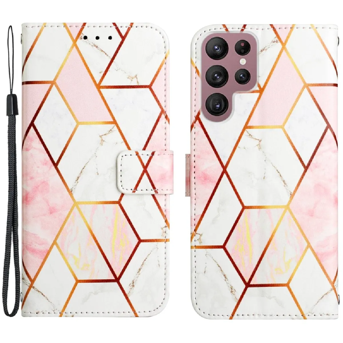 Etui en PU motif de marbre avec support pour votre Samsung Galaxy S23 Ultra - Rose/blanc ls002