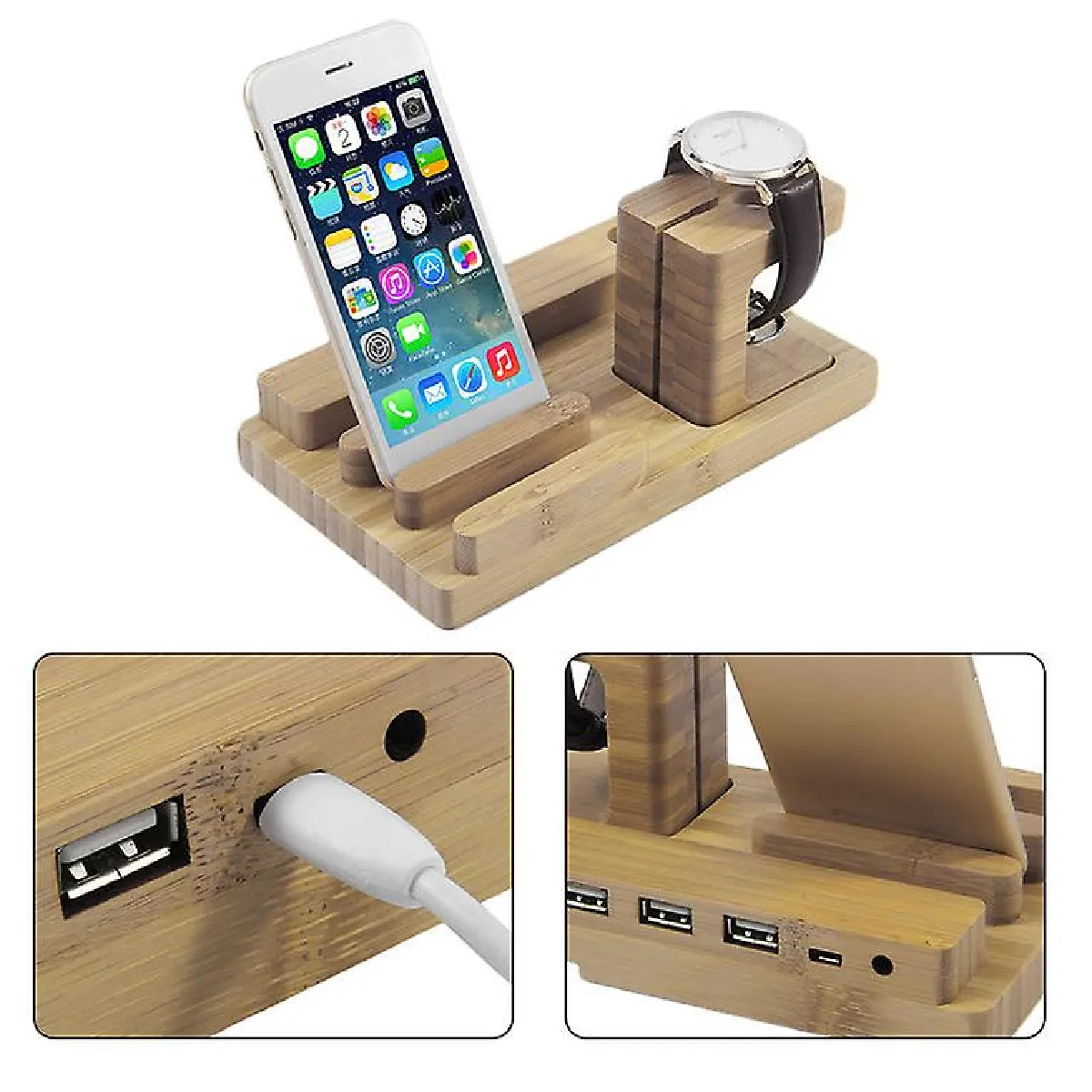 Station de charge en bois en bambou 4USB support pour téléphone pour Apple Watch