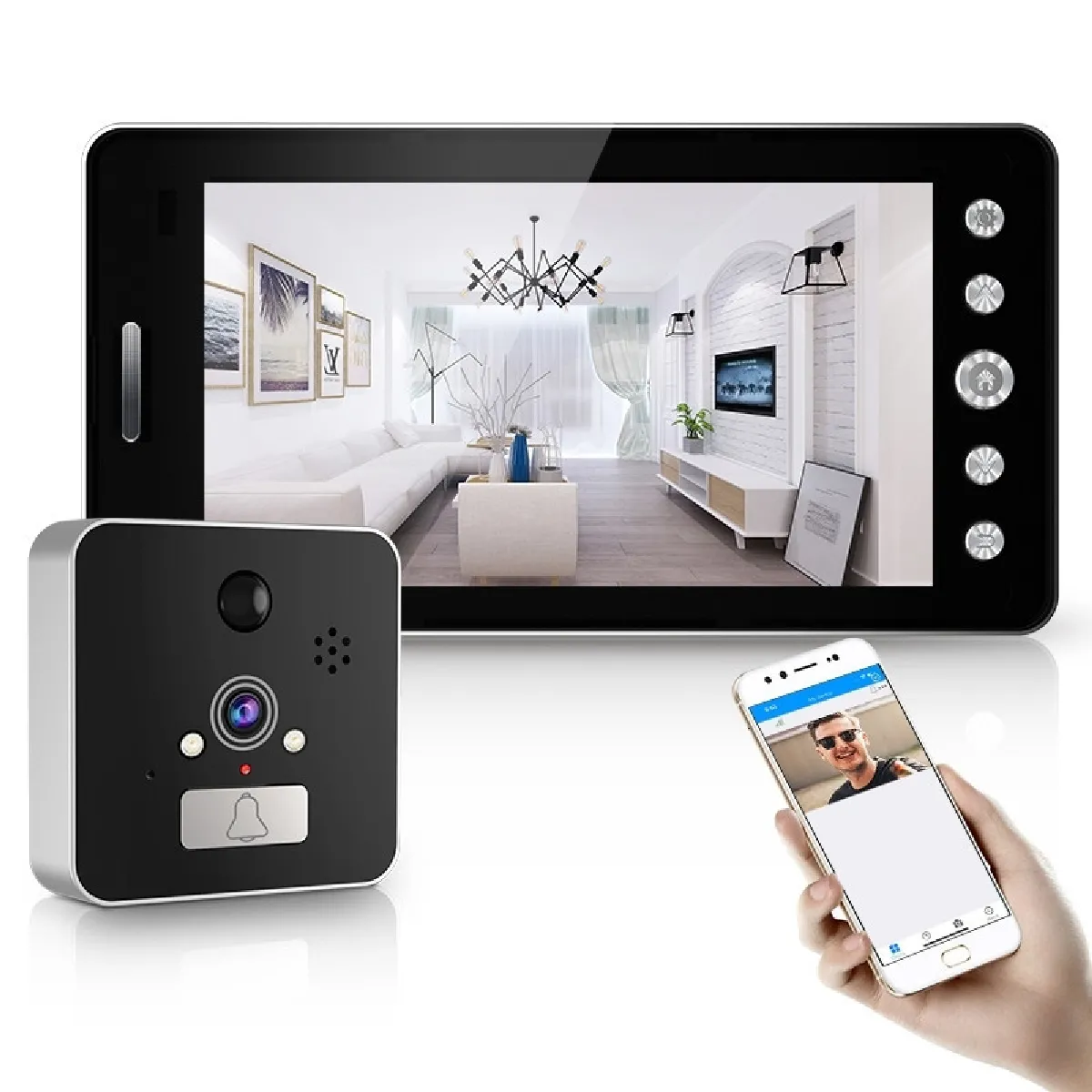 Interphone vidéo 1080P Visiophone sans fil Portier moniteur 5 pouces version Android Caméra de surveillance à distance par smartphone