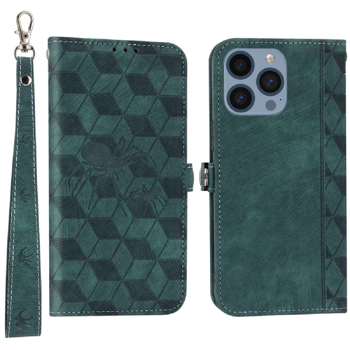 Etui en PU motif araignée à losanges, anti-rayures avec support et sangle pour votre iPhone 14 Pro Max - vert