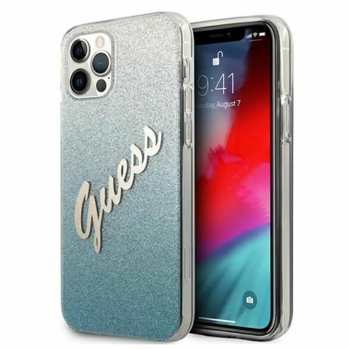 Guess Glitter Gradient Script - Coque pour iPhone 12 Pro Max (Bleu)