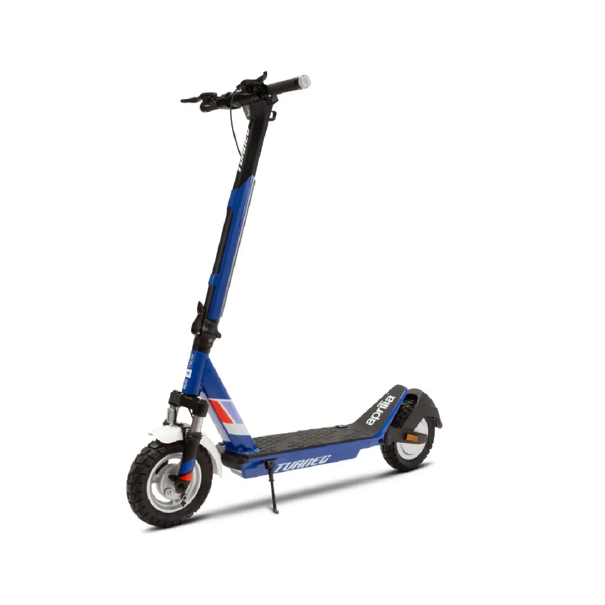 Trottinette Aprilia Tuareg avec clignotant Cadre Alu Moteur 350W 19,6Nm Pneu 10'' Chambre à air Suspensions AV/AR Frein élec17kg Batt 36V 10Ah 360Wh BT IPX5