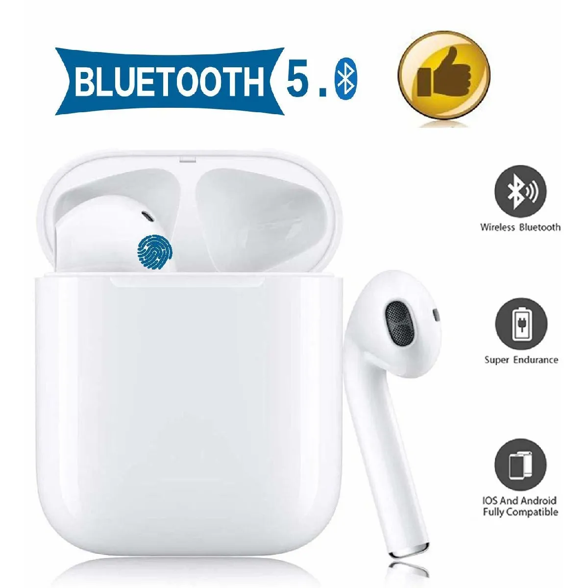 Écouteurs Bluetooth, Casque sans Fil, Stéréo 3D Toucher Écouteurs Intra-Auriculaires avec 24H boîtier de Charge et HD Mic réductionde Bruit, pour Apple Airpods iPhone Samsung/Android