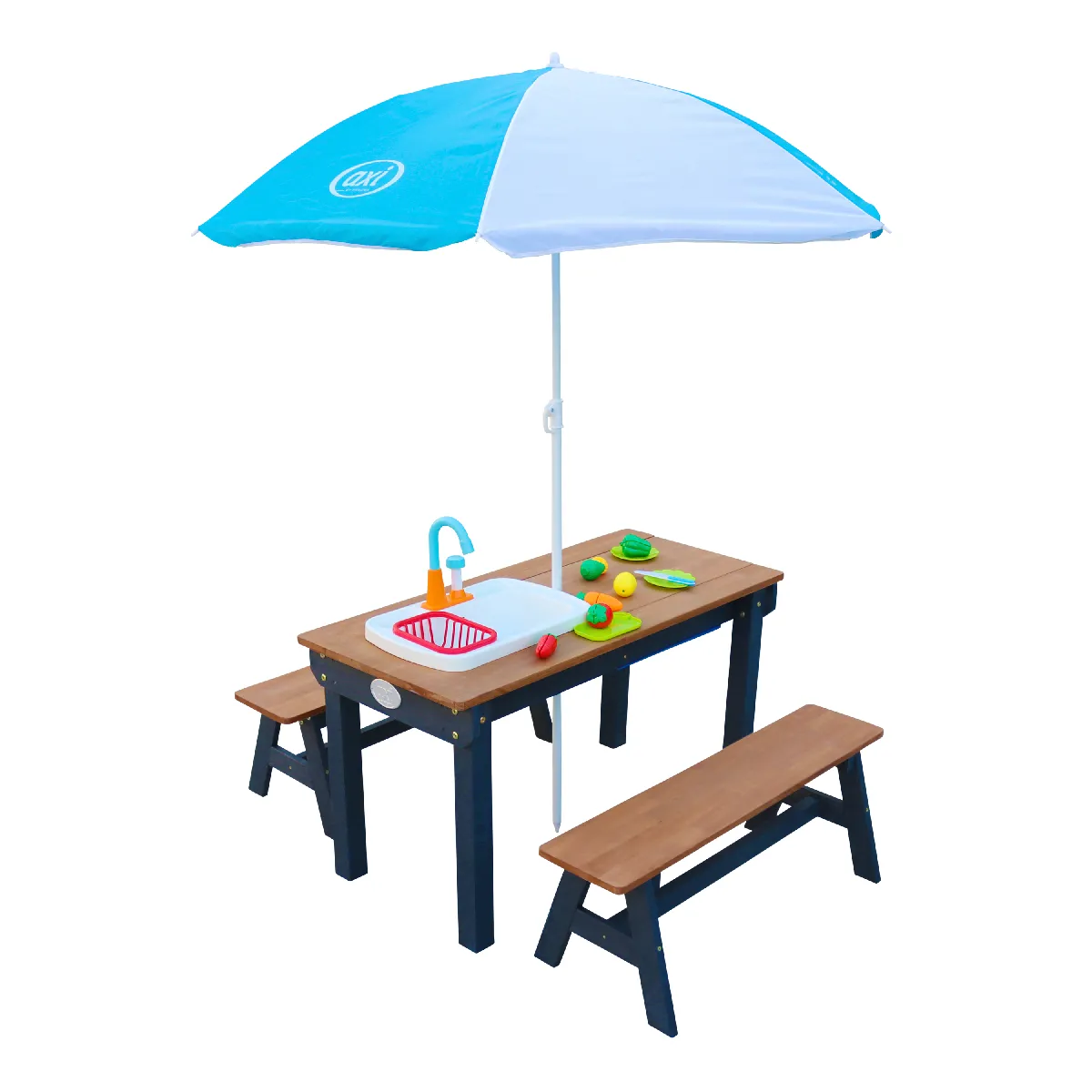 AXI Dennis Table Sable et Eau en Bois Marron & Anthracite   Table d'eau avec couvercle, boîtes de rangement, parasol & jeu évier de cuisine   Table de Jeu Enfant à Eau pour le jardin