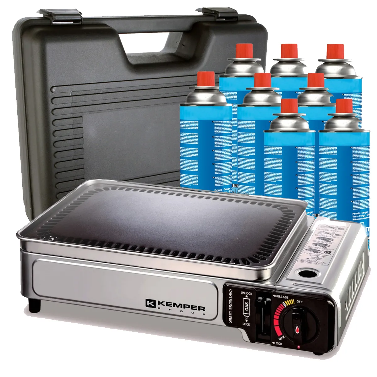 Plancha gaz portable 2300W Kemper plaque anti adhésive + 8 cartouches gaz camping + Valise de transport