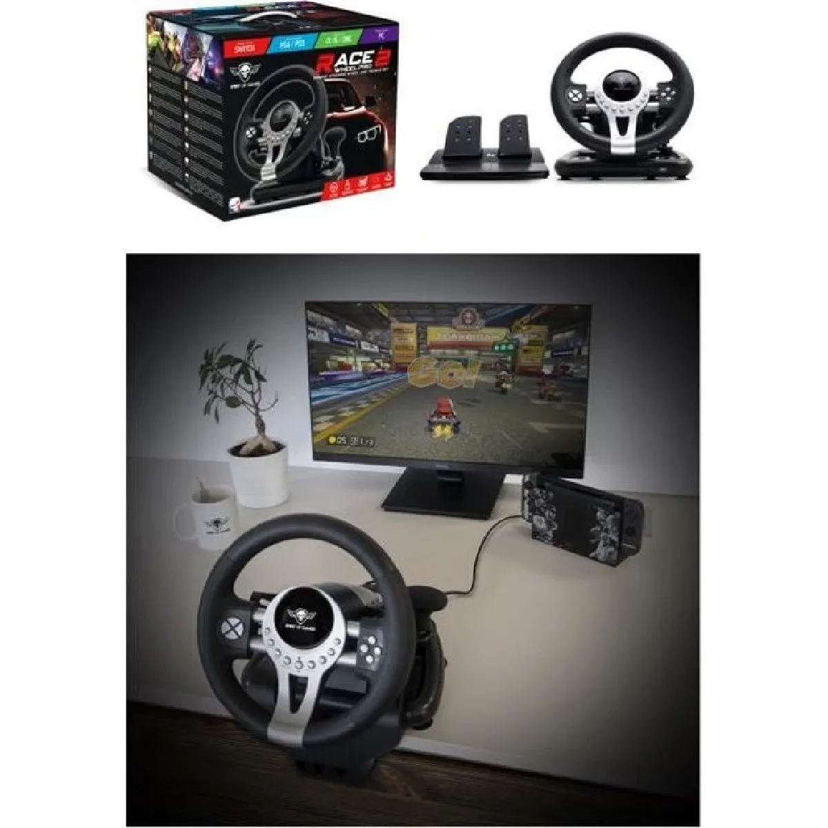 Volant et pédales de jeu Vidéo Race Pro Wheel 2 compatible Xbox Séries X-S PS4 PS3 SWITCH PC SPIRIT OF GAMER.+ Souris SF PORSCHE