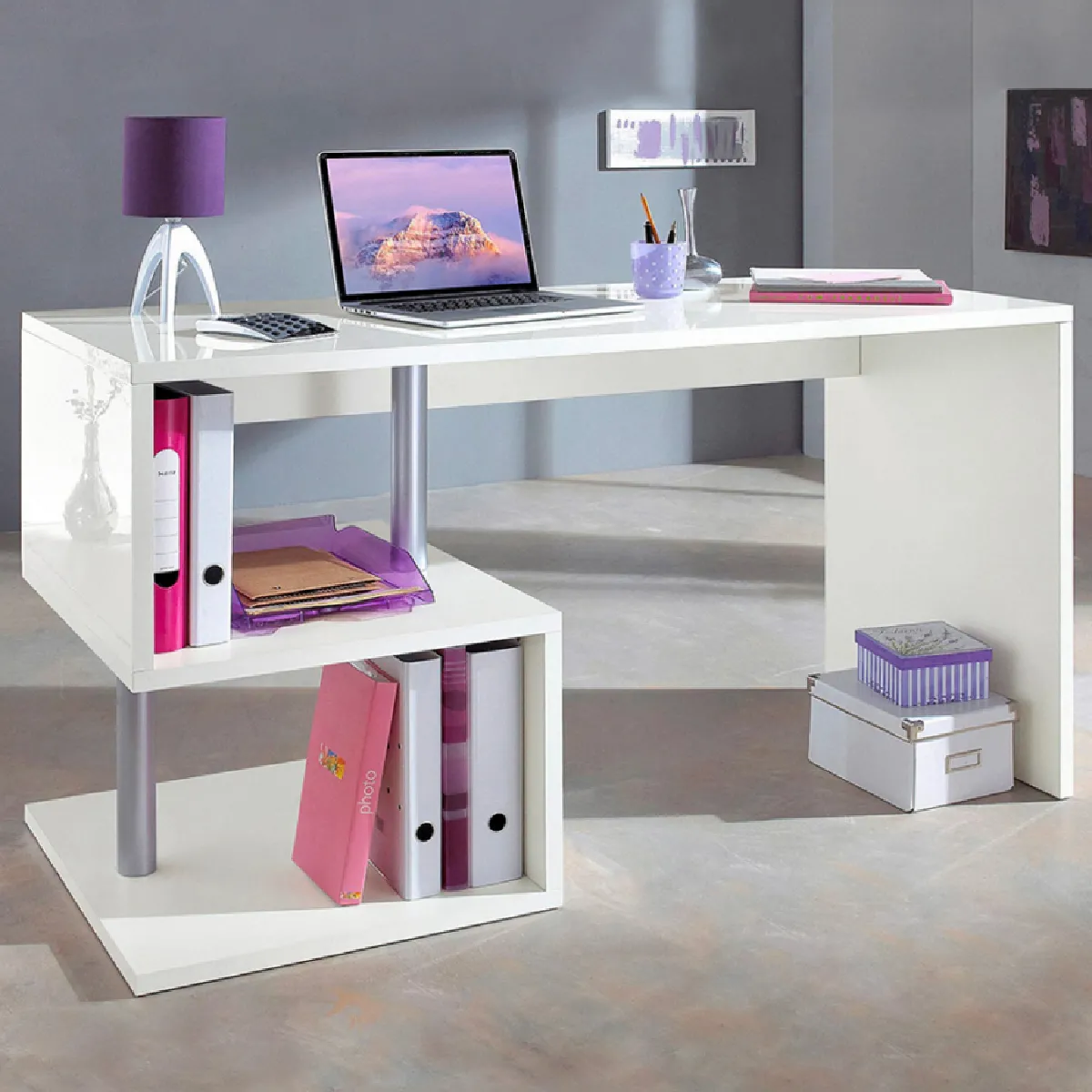 Bureau d'étude au design moderne 140x60 blanc avec étagères ouvertes Bolg