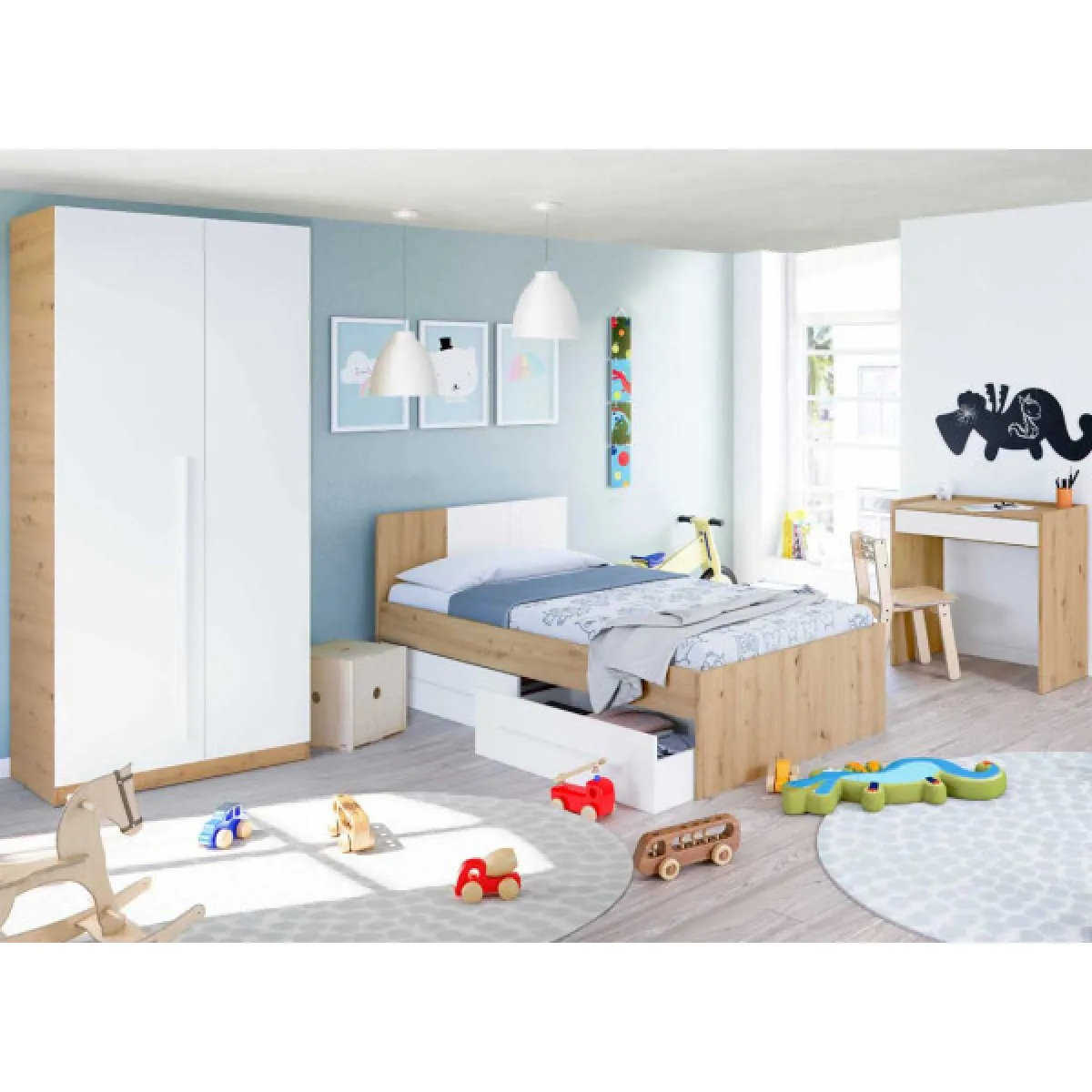 Chambre enfant complète 90x190 Blanc/Chêne - TOZA n°2