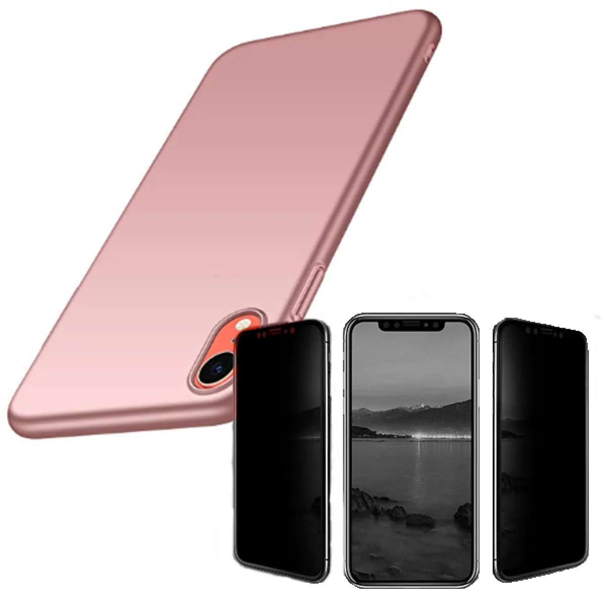 Kit de Verre Trempé 5D Anti-Spy / Intimité + Coque SlimShield - Iphone XR - Rose