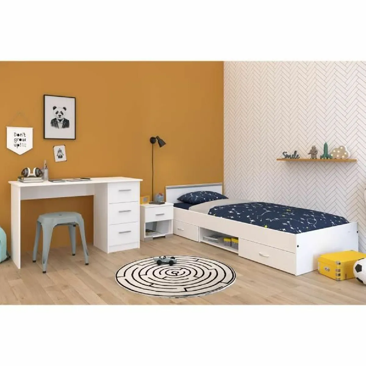 Chambre complète enfant 3 pièces - Lit + chevet + bureau - blanc mat