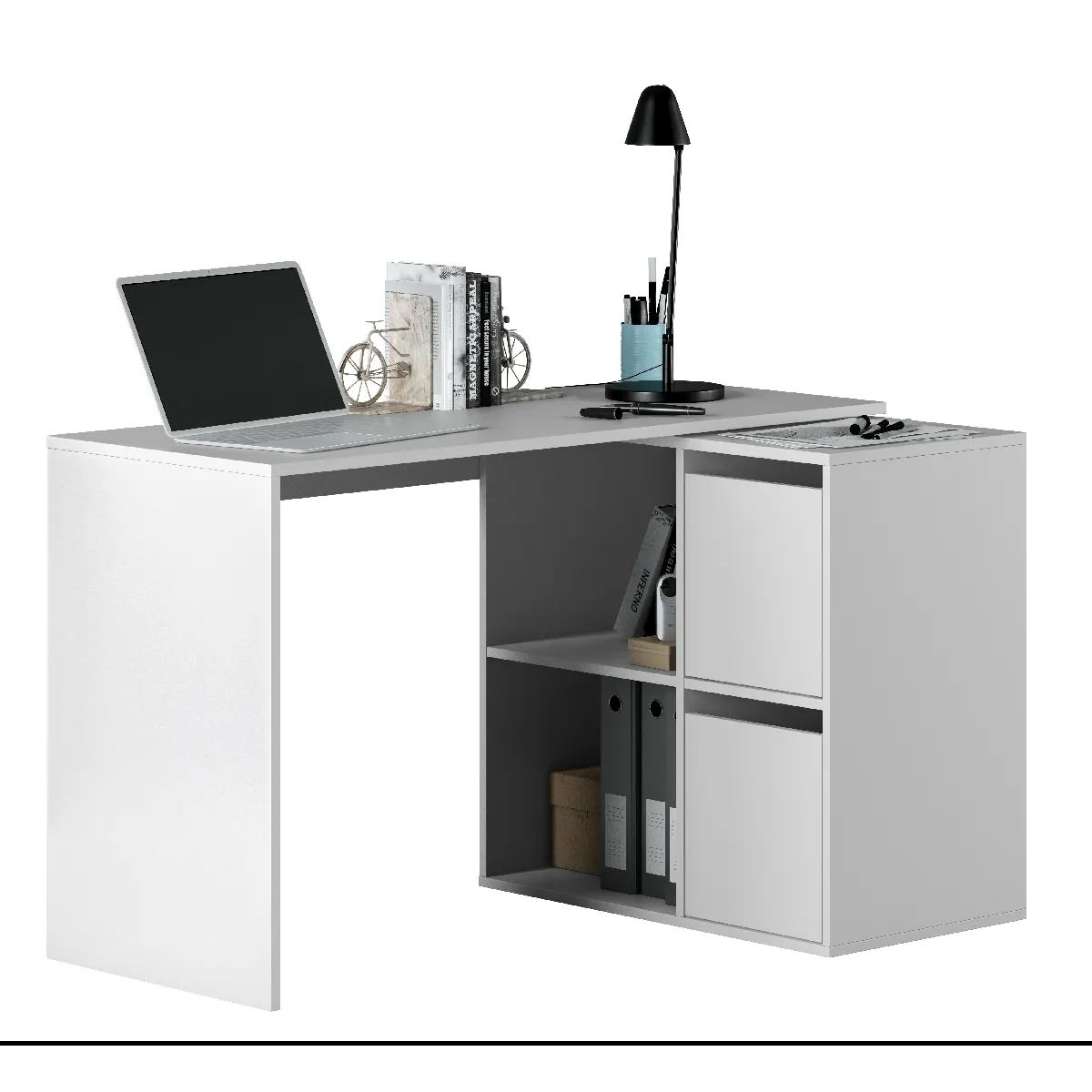 Bureau modulable avec quatre étagères basses dont deux fermées par deux portes battantes avec possibilité de montage en angle, coloris blanc, 152 x 74 x 49 cm.