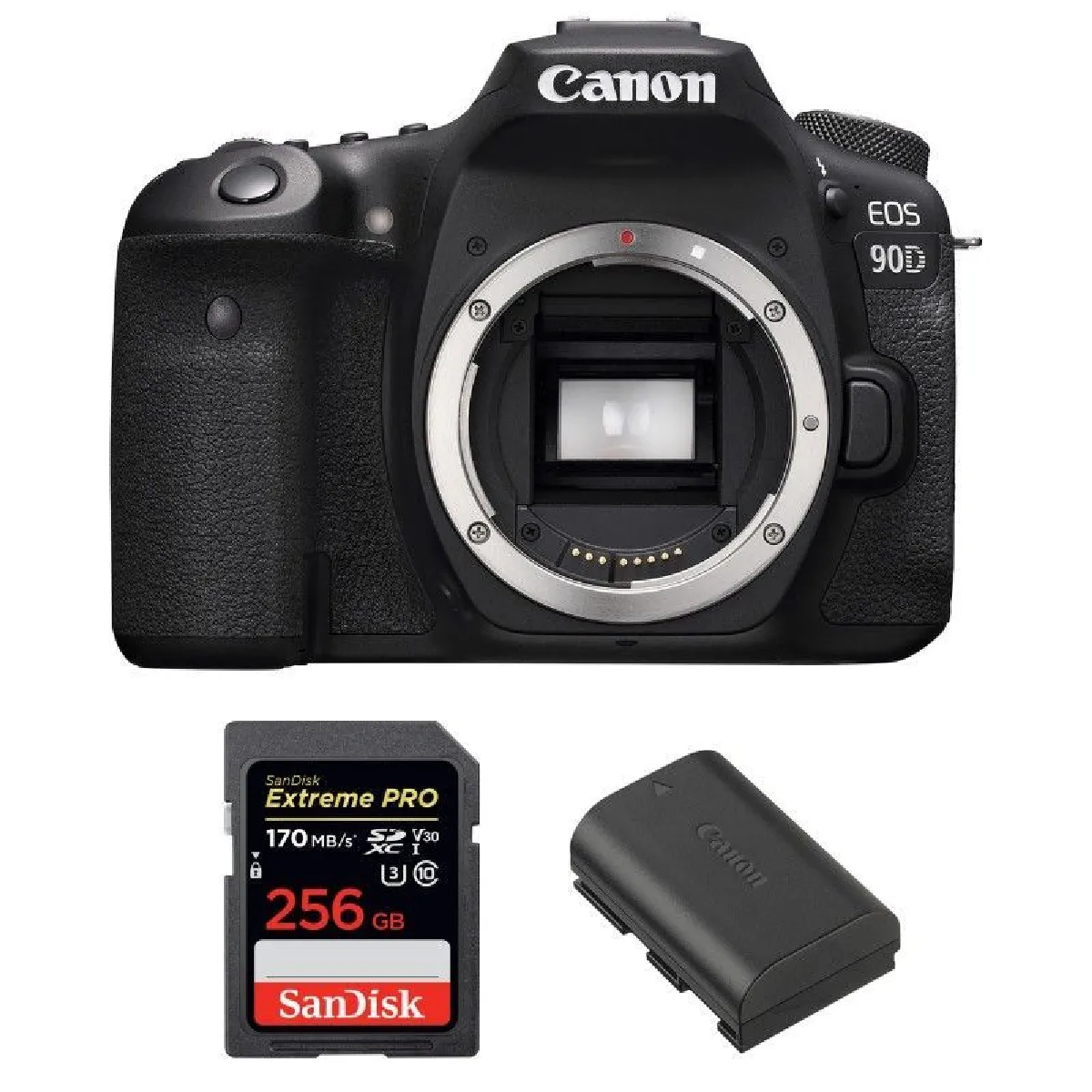 CANON EOS 90D Body + SANDISK Extreme Pro 256GB 170MB/s SDXC + CANON LP-E6N Battery