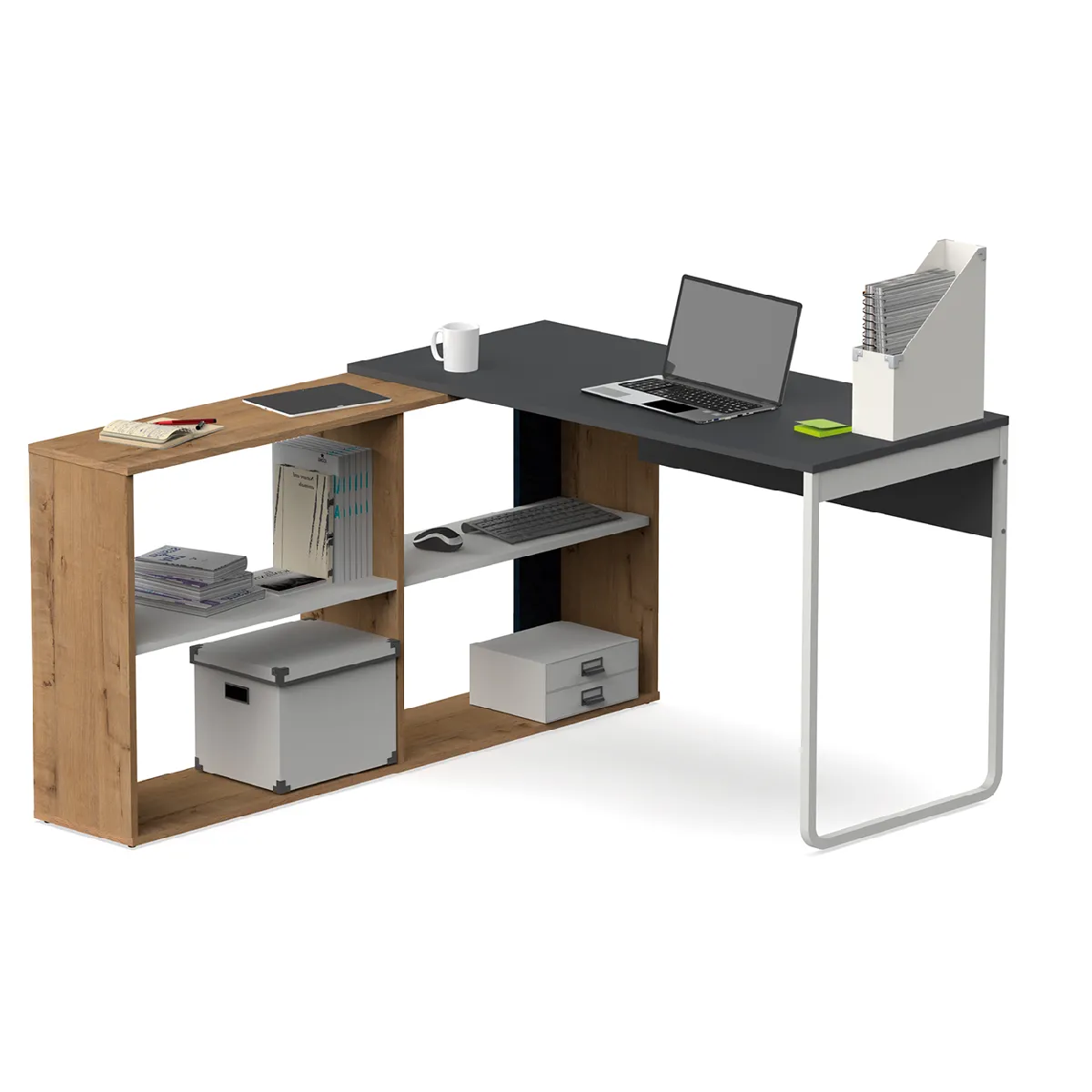 Bureau d'angle modulable coloris chêne doré / gris - Hauteur 143 x Longueur 120 x Profondeur 72 cm