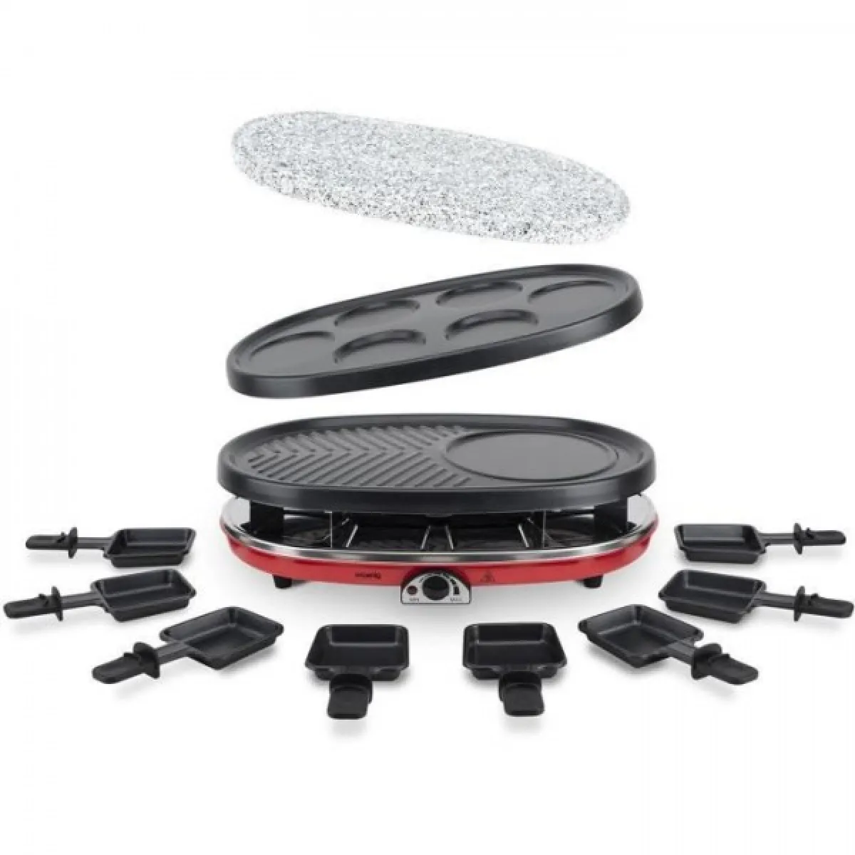 Appareil a Raclette HKoeNIG RP418 - Appareil a 4 en 1 - 8 personnes - 6 mini crepes - Grill - Température réglable - 1500W - Plaques amov