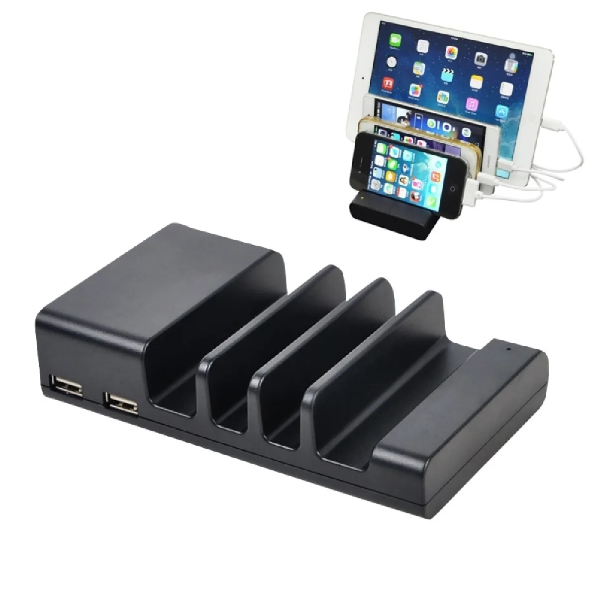 Pour iPhone, iWatch, iPad, Samsung noir Galaxy, tablettes, prise US, UK, EU, AU YM-UD04 5.1A Station d'accueil de chargement USB à 4 ports