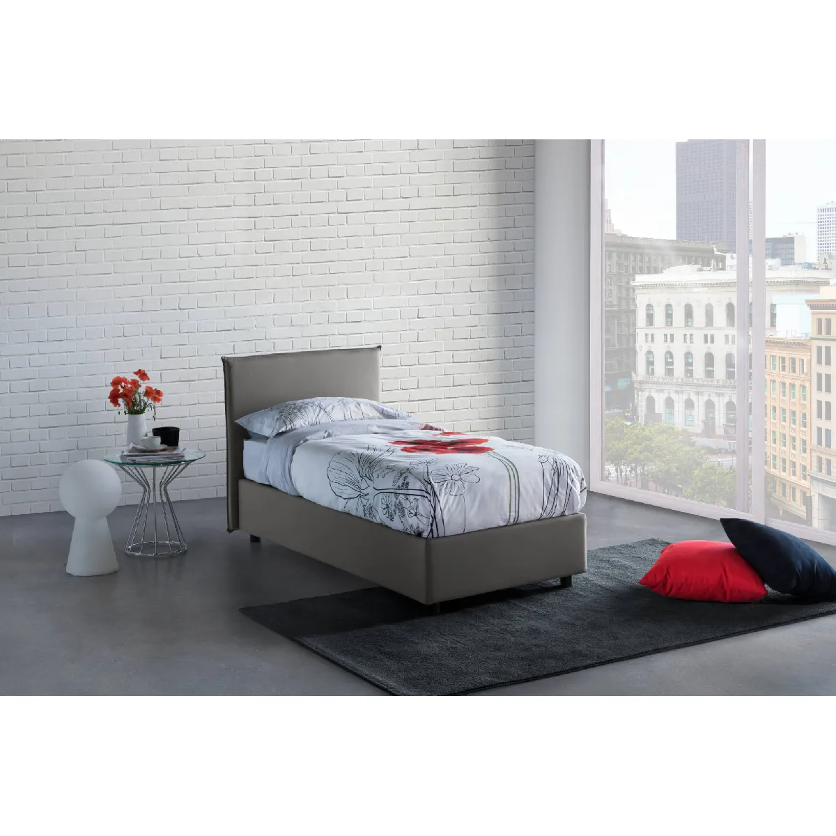 Talamo Italia Lit rangement pour une et demi Anna, Fabriqué en Italie, Lit avec revêtement en tissu, Ouverture frontale, convient pour matelas 120x200 cm, Gris