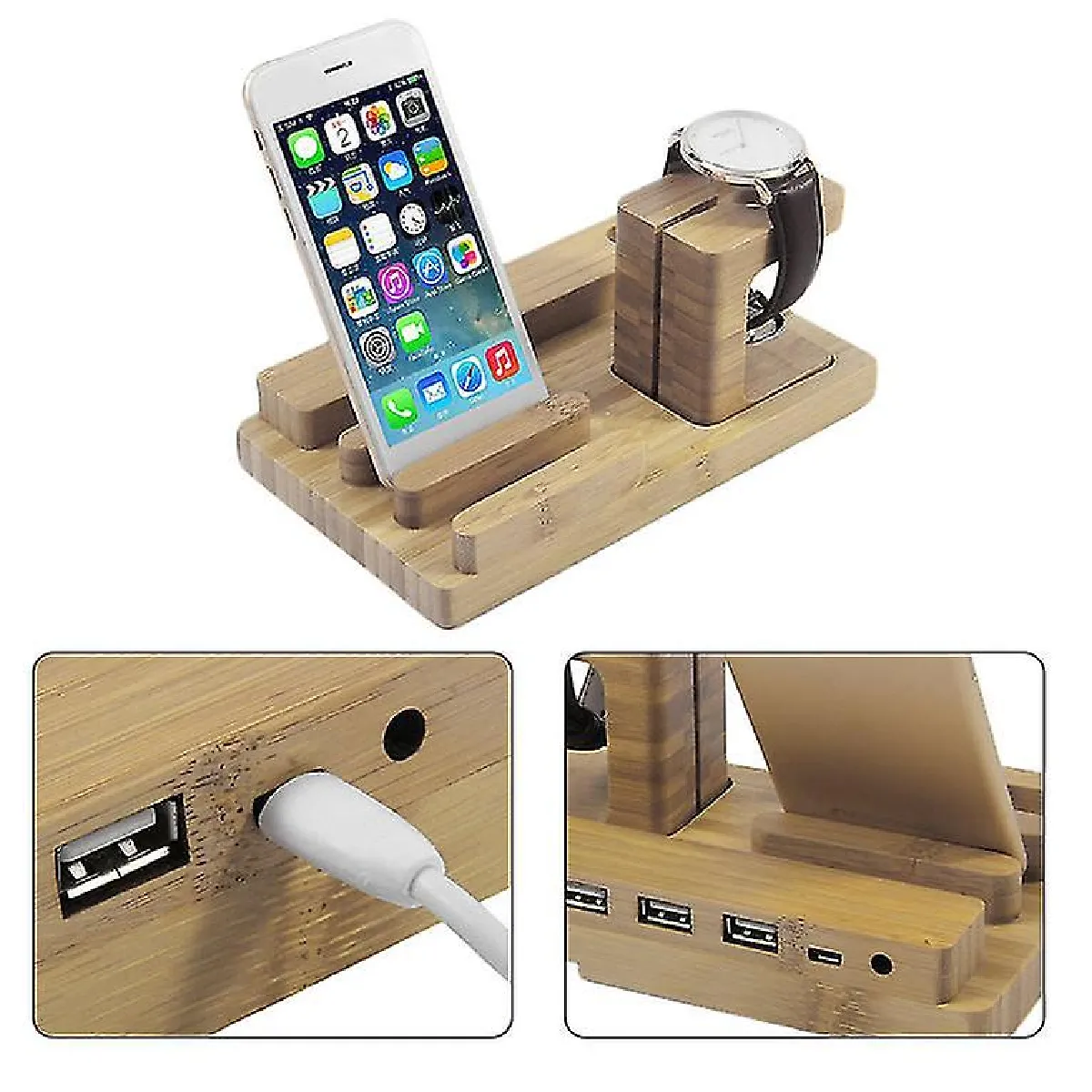 Station de charge en bois en bambou 4USB support pour téléphone pour Apple Watch